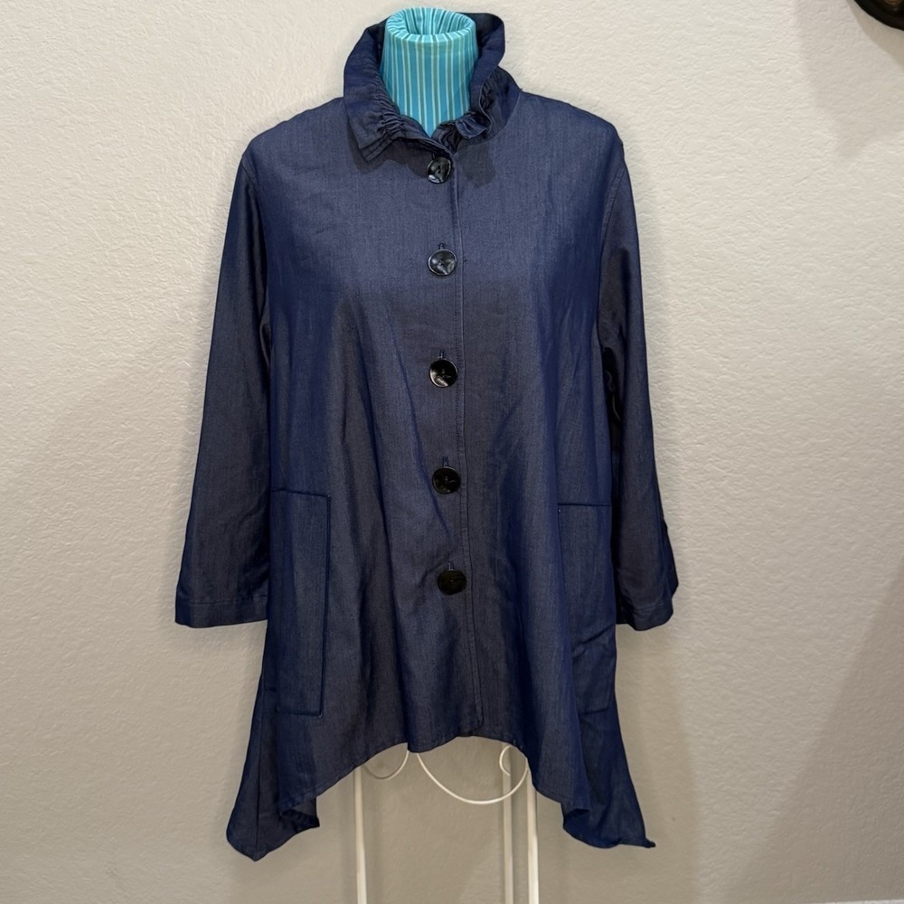 Caroline Rose Dark Denim Blue Cinched Collar Button Front Shark Bite Hem Tunic L